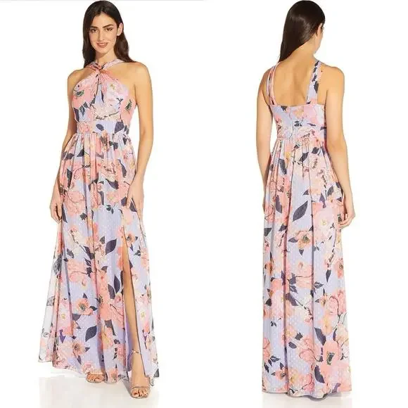 Adrianna Papell Womens Maxi Dress 6 Floral Chiffon Formal Gown Wedding Guest - Picture 1 of 11